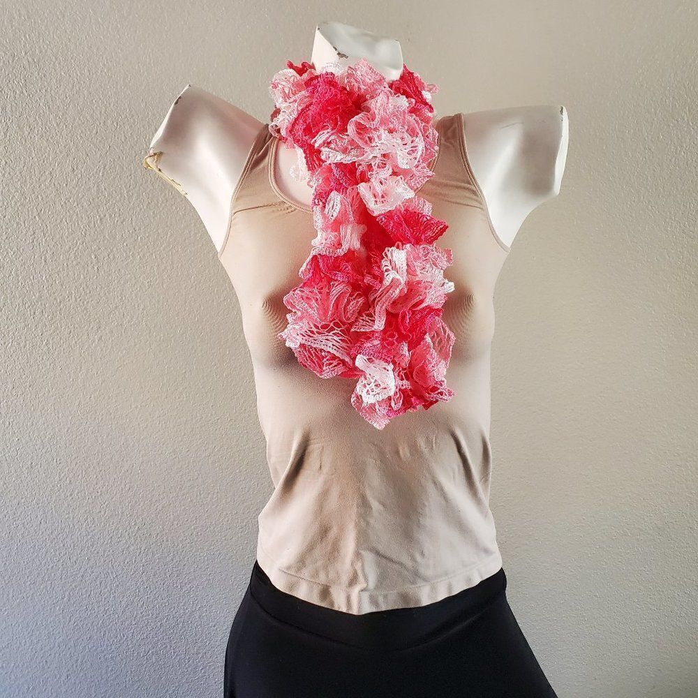 BOGO Scarf Sale - Hand Crafted crochet white and pink ruffle scarf